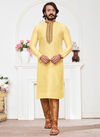 Yellow Colour Exclusive Festive Wear Art Silk Embroidery Work Kurta Pajama Mens Collection 38003